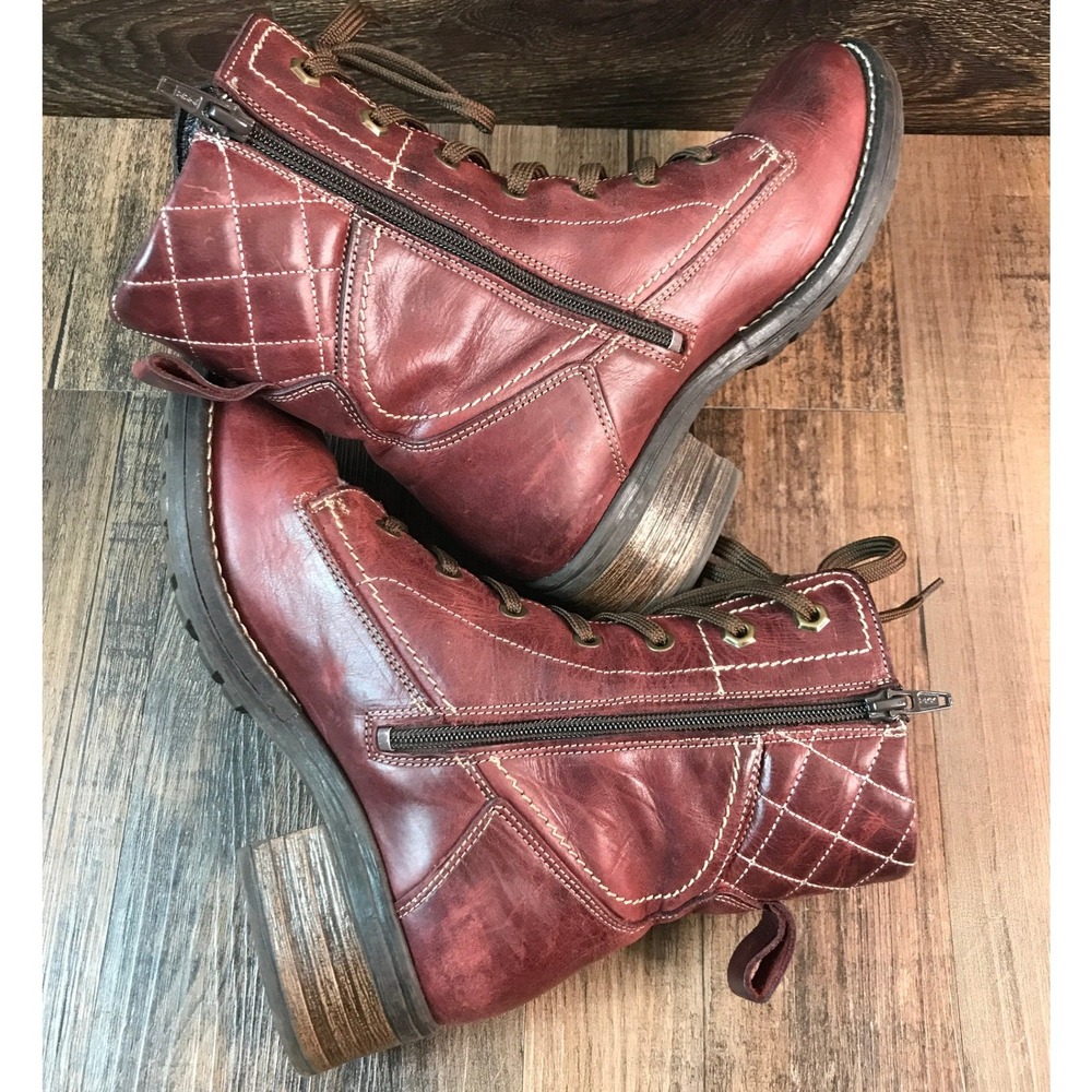 Taos Factor Dark Pink Leather Lace Up Combat Boots Faux Fur Lined Size 7.5 38 - Picture 15 of 16